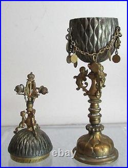 Rare Miniature Old Bronze Reliquary Gold & Silver Vermeil