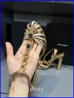 Roberto Cavalli Two Tone Bronze/Silver Leather T-Strap Jeweled Block Heel Sandal