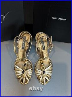 Roberto Cavalli Two Tone Bronze/Silver Leather T-Strap Jeweled Block Heel Sandal
