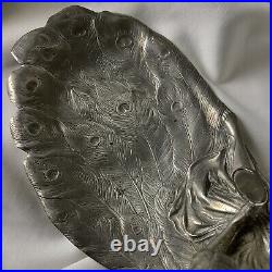 Silver Bronze Girl Antique Art Nouveau Lady Peacock Feather Jewelry Card Tray
