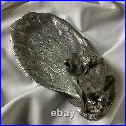 Silver Bronze Girl Antique Art Nouveau Lady Peacock Feather Jewelry Card Tray