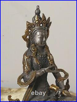 Statue Antique Bronze/Silver/Gold Pl. Buddha Tiny Tibetan Kubera 5.7X3.4 inches