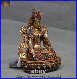 Tibet Nepal Bronze Silver Filigree inlay Gem 24K Gold White Tara Kwan-yin Statue