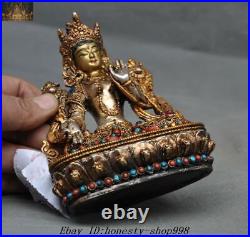 Tibet Nepal Bronze Silver Filigree inlay Gem 24K Gold White Tara Kwan-yin Statue
