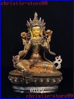Tibet bronze gilt silver Wire inlay gem Green Tara Kwan-yin goddess Buddha statu