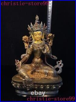Tibet bronze gilt silver Wire inlay gem Green Tara Kwan-yin goddess Buddha statu