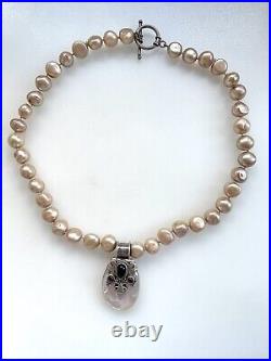 Vintage Boho Silver 925 Gold Pearl Necklace Mother of Pearl Garnet Pendant 18.1