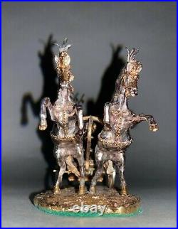 Vintage Bronze of Classical Charioteer & Chariot w 2 Horses Gold & Silver Patina