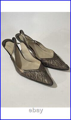 Vintage Christian Louboutin Bronze Gold Rouched Pointy Leather Kitten Heel Shoes