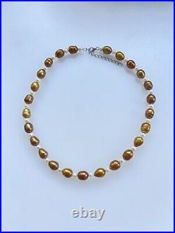 Vintage Large XL Baroque Champagne Bronze Gold & White Pearl Necklace 15.75