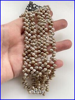Vintage Multi Strand Sterling Silver Baroque Bronze Gold Pearl Necklace 16.5