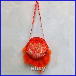Woman bag original accessories shoulder strap orange handmade feathers sequins 1